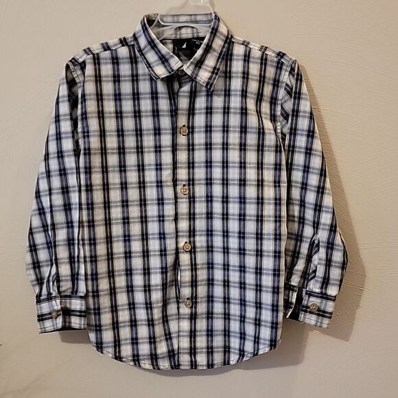 NAUTICA NAVY BLUE AND TAN PLAID DRESS SHIRT, SIZE 5 - Picture 1 of 5